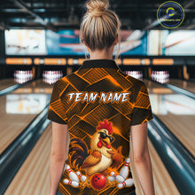 Load image into Gallery viewer, Woman wearing a orange and black bowling quarter zip shirt featuring a cool rooster mascot wearing sunglasses, a red bowling ball, bowling pins, and custom team name text.