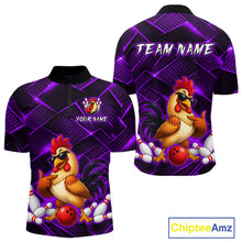 Load image into Gallery viewer, Front and back views of a purple and black bowling quarter zip shirt featuring a cool rooster mascot wearing sunglasses, a red bowling ball, bowling pins, and custom team text.