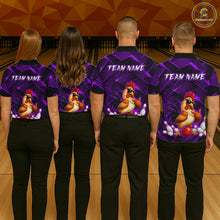 Load image into Gallery viewer, Four people wearing purple and black bowling polo shirt featuring a cool rooster mascot wearing sunglasses, a red bowling ball, bowling pins, and custom team name text