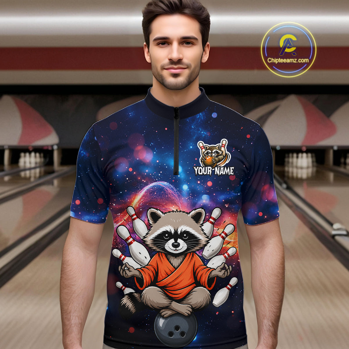 Custom Galaxy Funny Zen Raccoon Bowling Shirt for Men Bowling Team Shirts Bowling Outfit HNT313