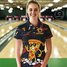Load image into Gallery viewer, Woman wearing a black bowling polo featuring orange grunge graphics, a sunglasses-wearing pizza slice mascot, bowling pins, and custom your name text.
