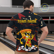 Load image into Gallery viewer, Man wearing a black bowling quarter zip featuring orange grunge graphics, a sunglasses-wearing pizza slice mascot, bowling pins, and custom team name text.