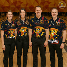 Load image into Gallery viewer, Four people wearing black bowling polo featuring orange grunge graphics, a sunglasses-wearing pizza slice mascot, bowling pins, and custom your name text.