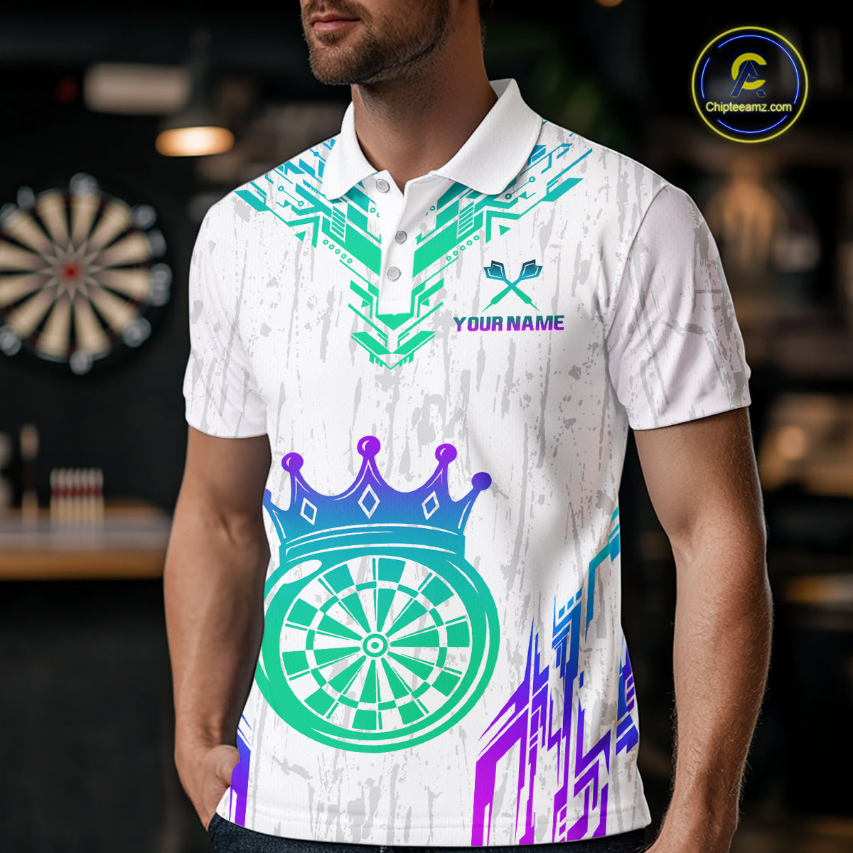 Custom Neon White Crown Dart Shirts for Men Darts Team Jerseys Dart League Polo & 1/4 Zip NNT140