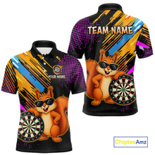 Load image into Gallery viewer, Colorful polo shirt with a squirrel holding a dartboard design, featuring 'Team Name' and 'Your Name' text on a white background.
