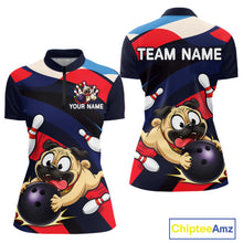 Load image into Gallery viewer, Front and back views of a navy, red, and white bowling quarter zip featuring a cartoon pug holding a purple bowling ball, pins, and custom team text.