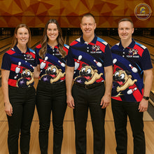 Load image into Gallery viewer, Four people wearing navy, red, and white bowling quarter zip featuring a cartoon pug holding a purple bowling ball, pins, and custom your name text.