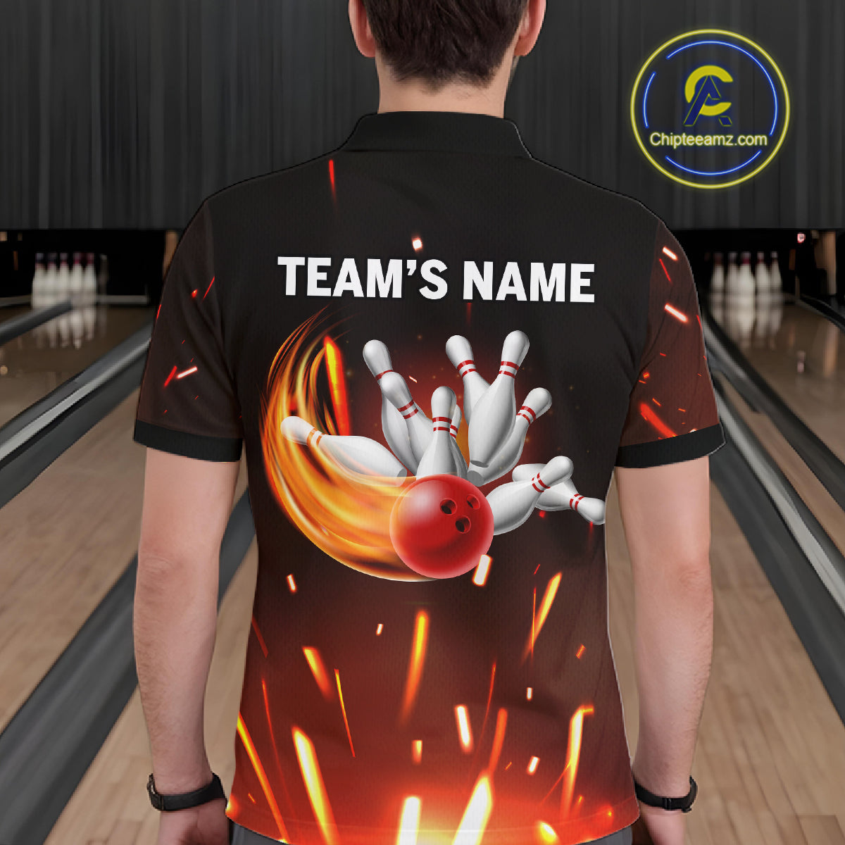 Custom Orange Flame Bowling Jersey for Men Bowling Team Shirts Polo & 1/4 Zip Bowling League HNT502