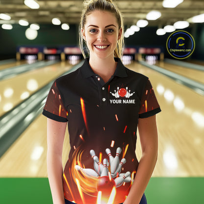 Custom Orange Flame Bowling Jersey for Women Bowling Team Shirts Polo & 1/4 Zip Bowling League HNT502