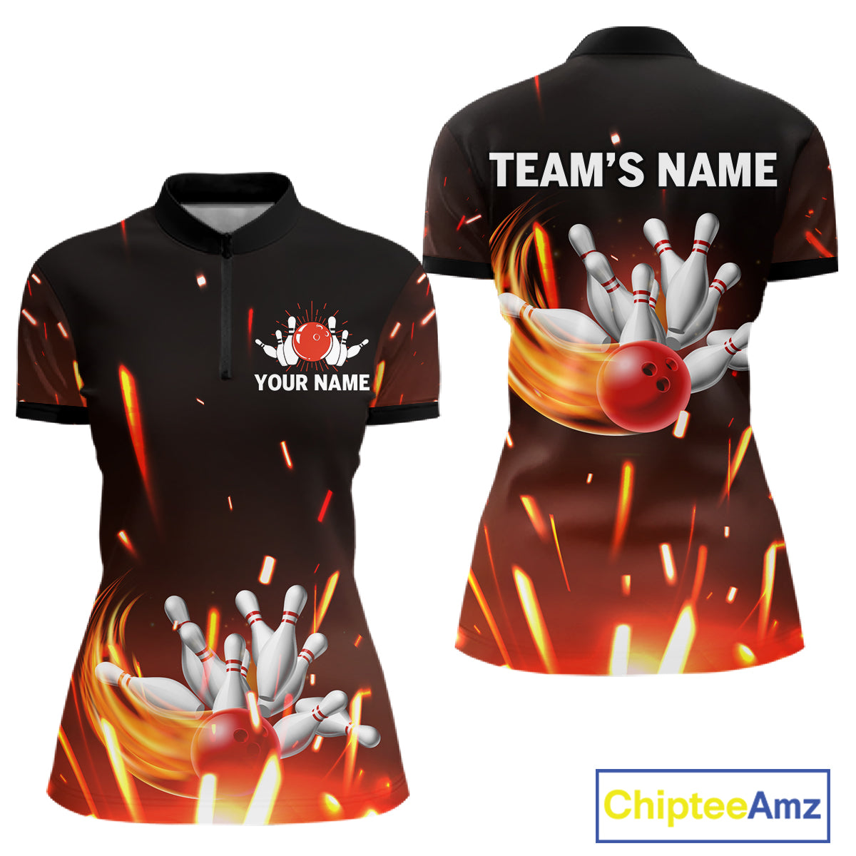 Custom Orange Flame Bowling Jersey for Women Bowling Team Shirts Polo & 1/4 Zip Bowling League HNT502