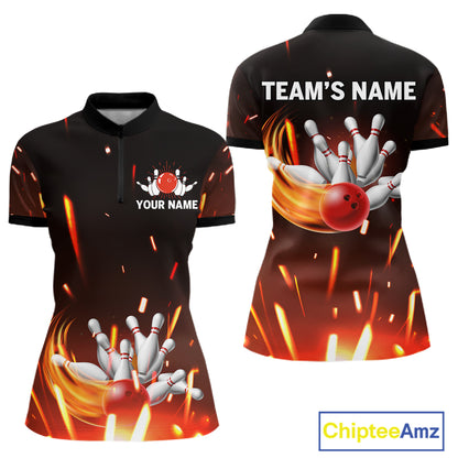 Custom Orange Flame Bowling Jersey for Women Bowling Team Shirts Polo & 1/4 Zip Bowling League HNT502