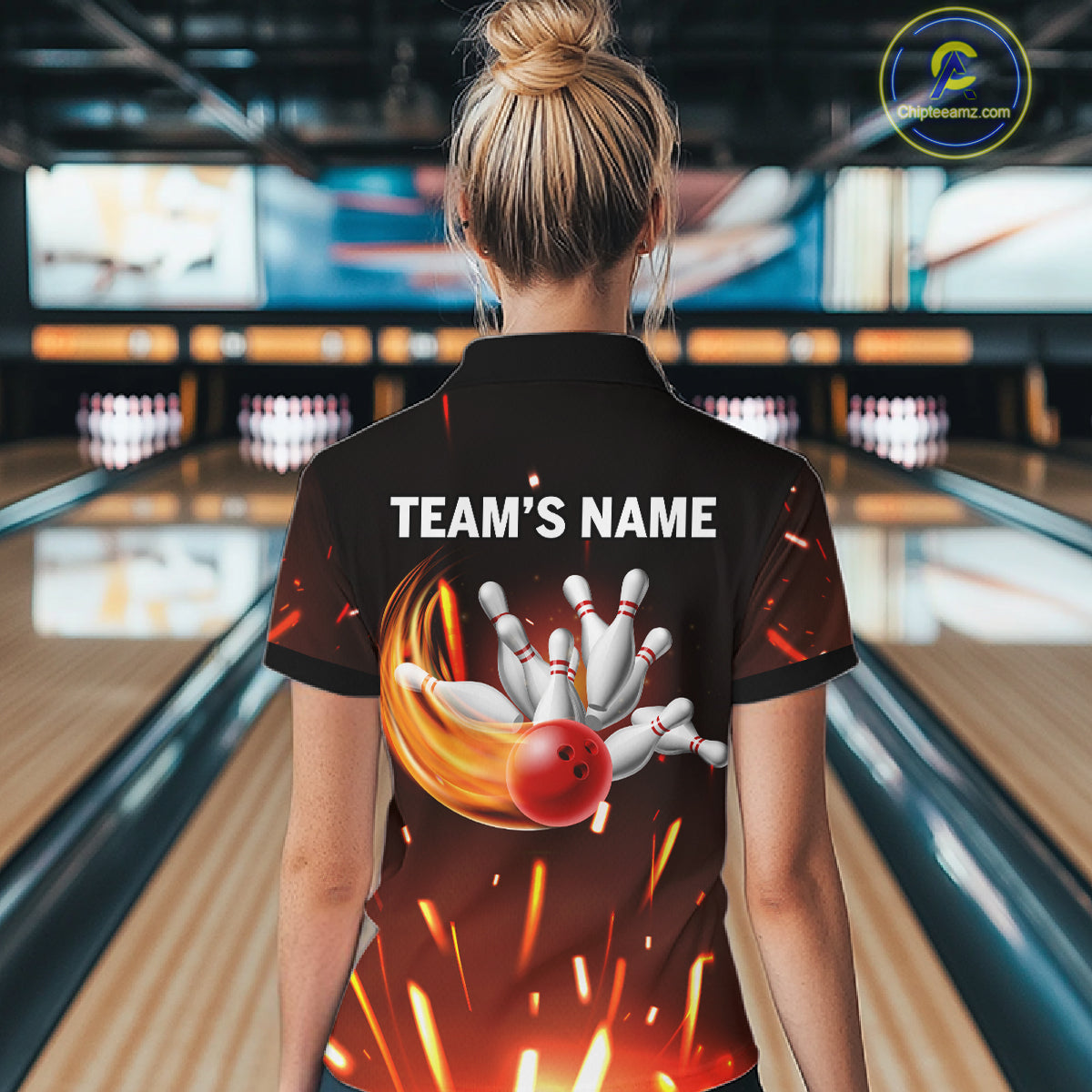 Custom Orange Flame Bowling Jersey for Women Bowling Team Shirts Polo & 1/4 Zip Bowling League HNT502