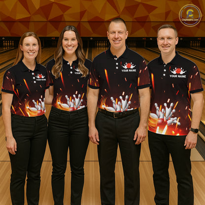 Custom Orange Flame Bowling Jersey for Men Bowling Team Shirts Polo & 1/4 Zip Bowling League HNT502