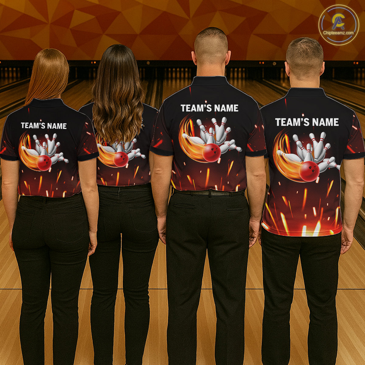 Custom Orange Flame Bowling Jersey for Men Bowling Team Shirts Polo & 1/4 Zip Bowling League HNT502