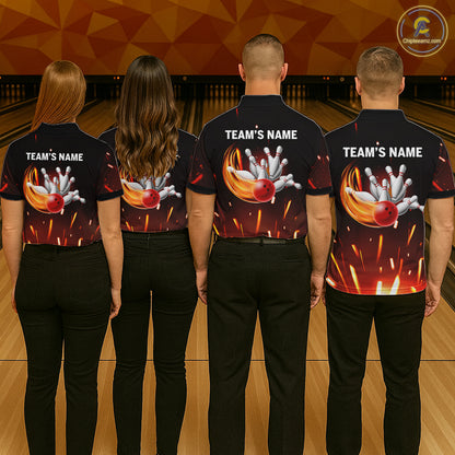Custom Orange Flame Bowling Jersey for Men Bowling Team Shirts Polo & 1/4 Zip Bowling League HNT502