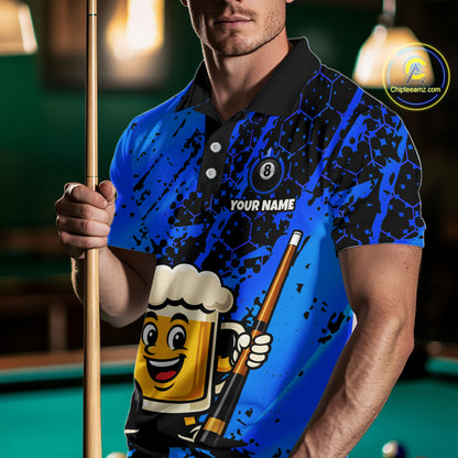 Custom Funny Blue Beer 8 Ball Pool Billiard Shirt for Men Polo & 1/4 Zip, Billiard Team Jerseys NNT147