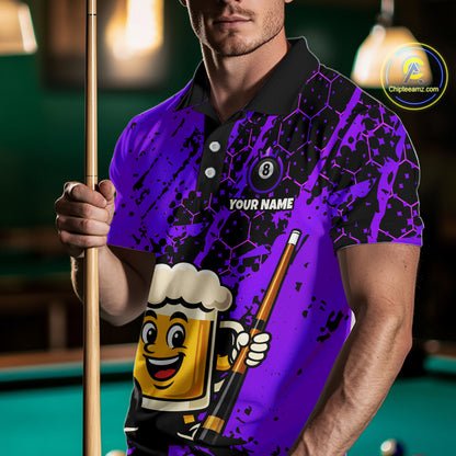 Custom Funny Purple Beer 8 Ball Pool Billiard Shirt for Men Polo & 1/4 Zip, Billiard Team Jerseys NNT147