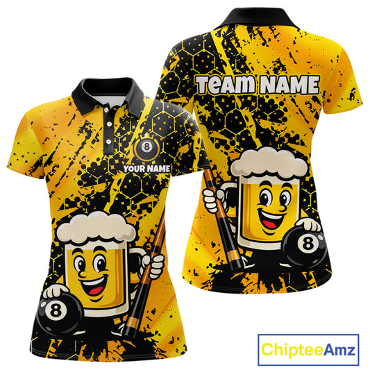 Custom Funny Yellow Beer 8 Ball Pool Billiard Shirt for Women Polo & 1/4 Zip, Billiard Team Jerseys NNT147