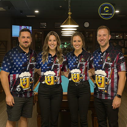 Custom Funny US Flag Beer 8 Ball Pool Billiard Shirt for Women Polo & 1/4 Zip, Billiard Team Jerseys NNT147