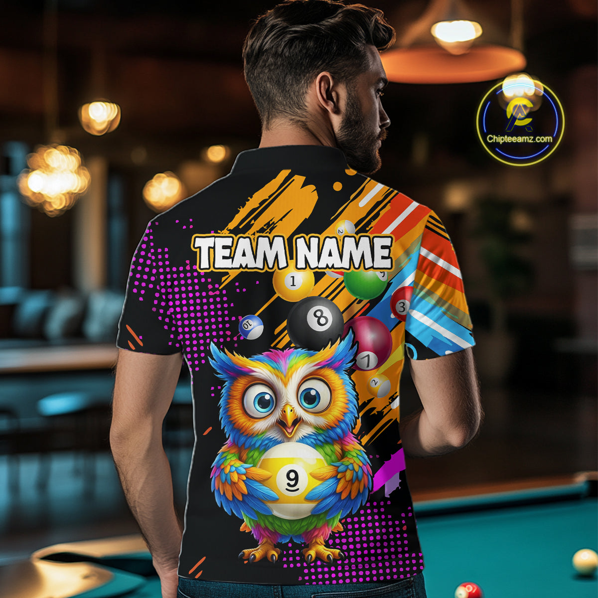 Custom Funny Colorful Owl 9 Ball Pool Billiard Shirt for Men Billiard Team Jersey Polo & 1/4 Zip NNT156