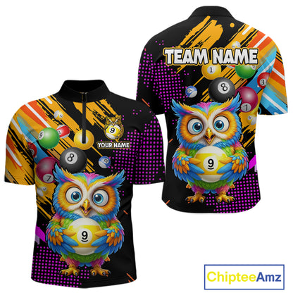 Custom Funny Colorful Owl 9 Ball Pool Billiard Shirt for Men Billiard Team Jersey Polo & 1/4 Zip NNT156