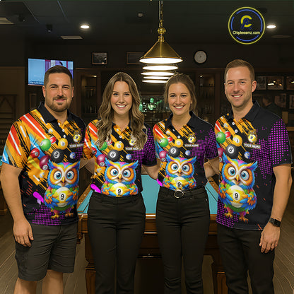 Custom Funny Colorful Owl 9 Ball Pool Billiard Shirt for Men Billiard Team Jersey Polo & 1/4 Zip NNT156