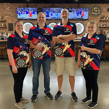 Load image into Gallery viewer, Four people wearing navy, red, and white darts polo featuring a cartoon pug holding a dartboard, flying darts, and custom team text.