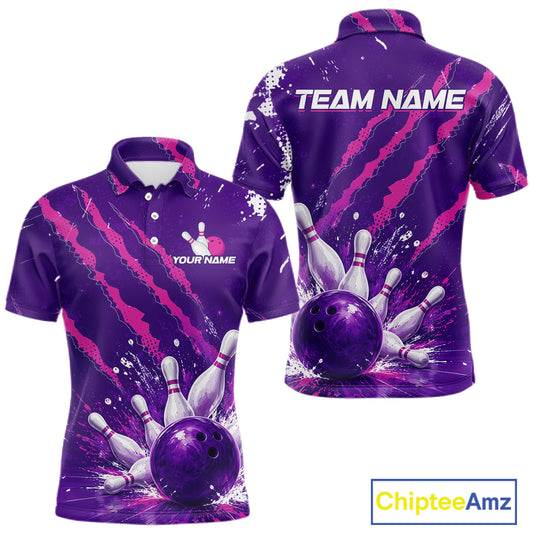 Custom bowling-themed short-sleeve polo shirt shown from the front and back on a white background. The shirt features a purple and pink paint-splatter design with a graphic of a bowling ball and pins, customizable text reading 'YOUR NAME' on the chest and 'TEAM NAME' on the back, with a 'ChipteeAmz' logo in the bottom right corner.