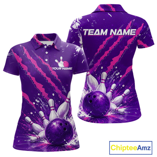 A women's short-sleeve polo shirt shown from the front and back on a white background. The shirt features a vibrant purple and pink bowling-themed graphic print with bowling pins, a bowling ball, and customizable text placeholders 'YOUR NAME' on the front chest and 'TEAM NAME' on the back.
