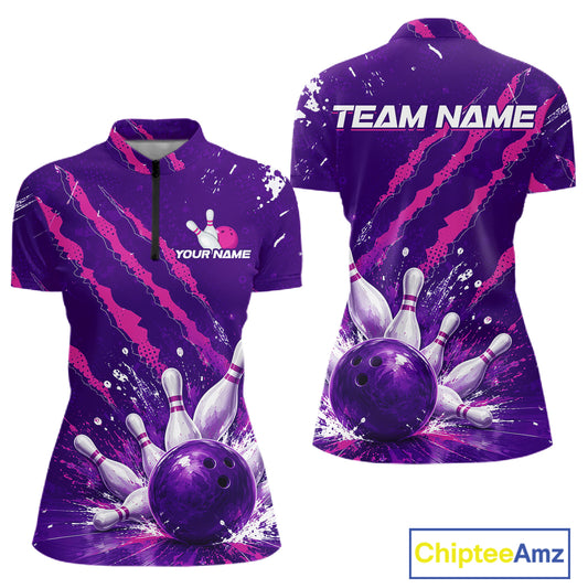 Front and back views of a women's short-sleeve bowling-themed polo shirt in purple and pink, featuring bowling ball and pins graphics, customizable text, and a black zipper at the collar.