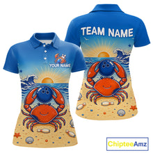 Load image into Gallery viewer, Blue polo shirt with a crab design on a beach, customizable text, and Chiptee Amz branding.