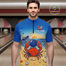 Load image into Gallery viewer, Man wearing a blue and red crab-themed shirt with a bowling design in a bowling alley.