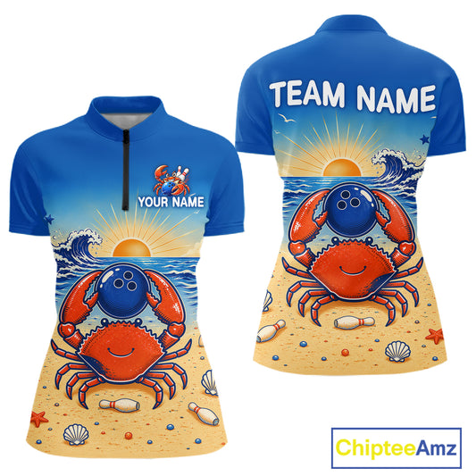 Blue and yellow sports jersey with a crab design on a beach theme, featuring 'Your Name' and 'Team Name' text.