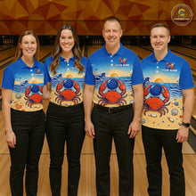 Load image into Gallery viewer, Four people wearing matching blue shirts with a crab design on a bowling alley.