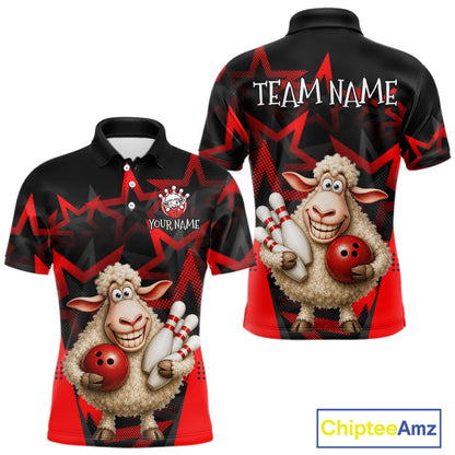 Black and red polo shirt with cartoon sheep holding bowling balls and skittles, customizable text on a white background.