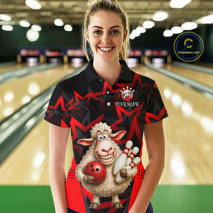 Person wearing a bowling shirt with a sheep design in a bowling alley.