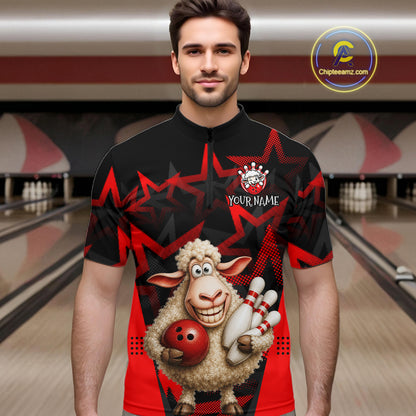 Man wearing a bowling-themed shirt with a sheep design in a bowling alley.