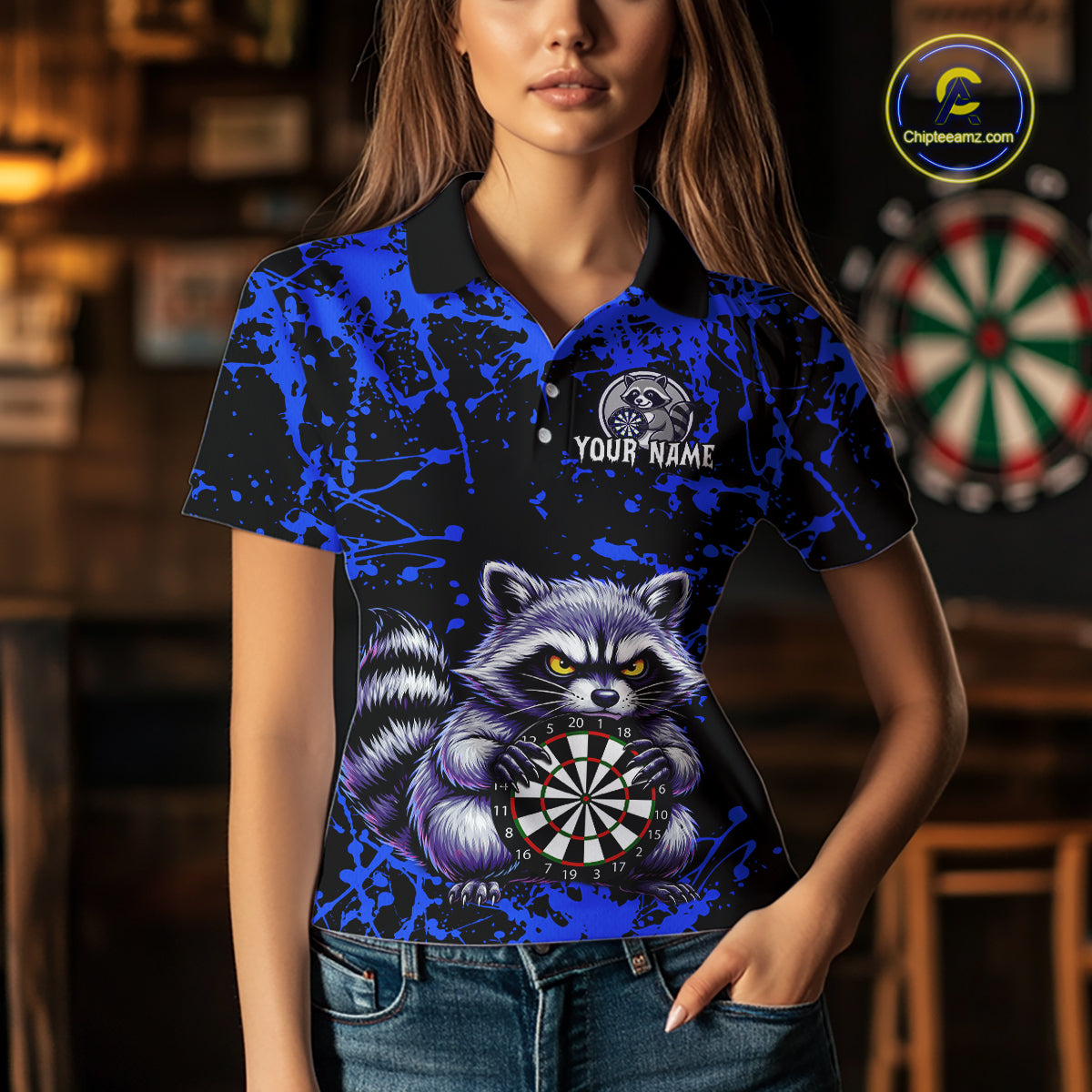 Custom Blue Funny Raccoon Darts Shirt for Women Darts Team Jerseys Dartboard Shirt Dart League NNT292