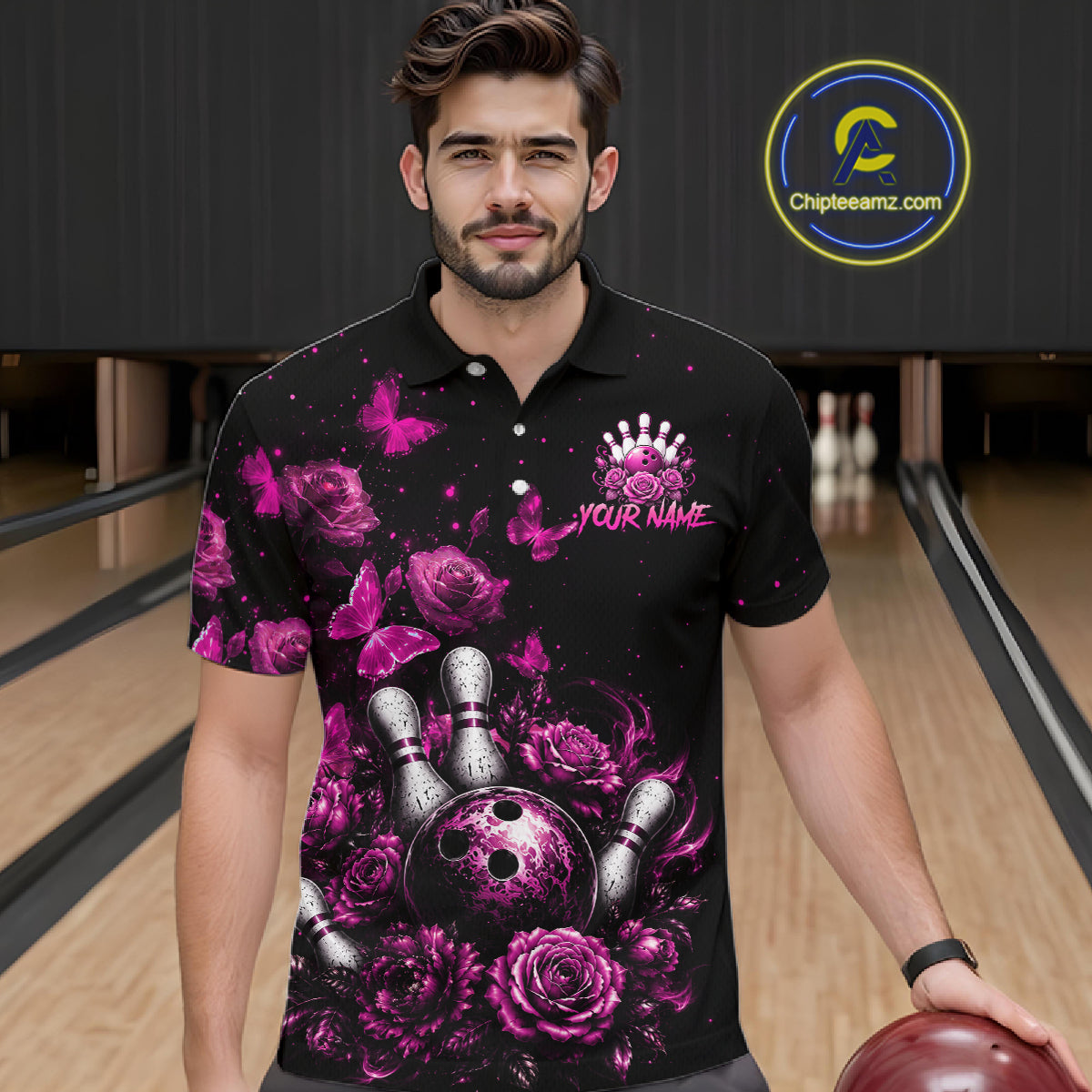 Men’s pink rose butterfly bowling polo shirt, front view on male model in bowling lane 