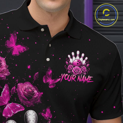 Men’s pink rose butterfly bowling polo shirt with custom name, angled front view showing custom team design 
