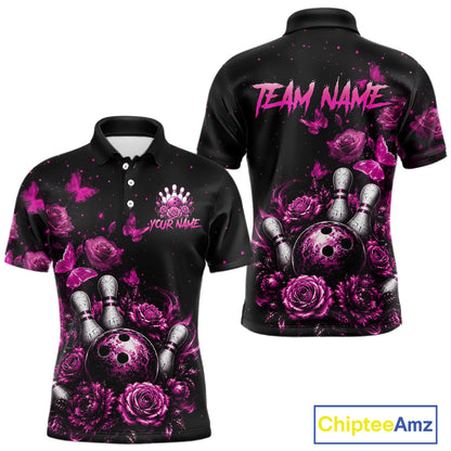 Custom pink rose butterfly bowling jersey for men, personalized team bowling polo shirt front view and back view