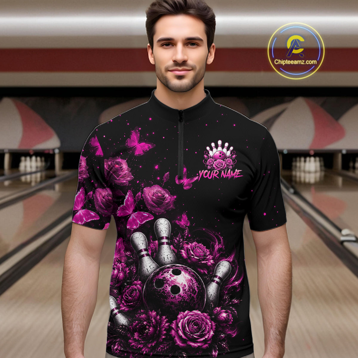 Men’s pink rose butterfly bowling quarter zip shirt, front view on male model in bowling lane 