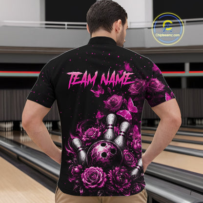 Men’s pink rose butterfly bowling quarter zip shirt, back view on male model in bowling lane 