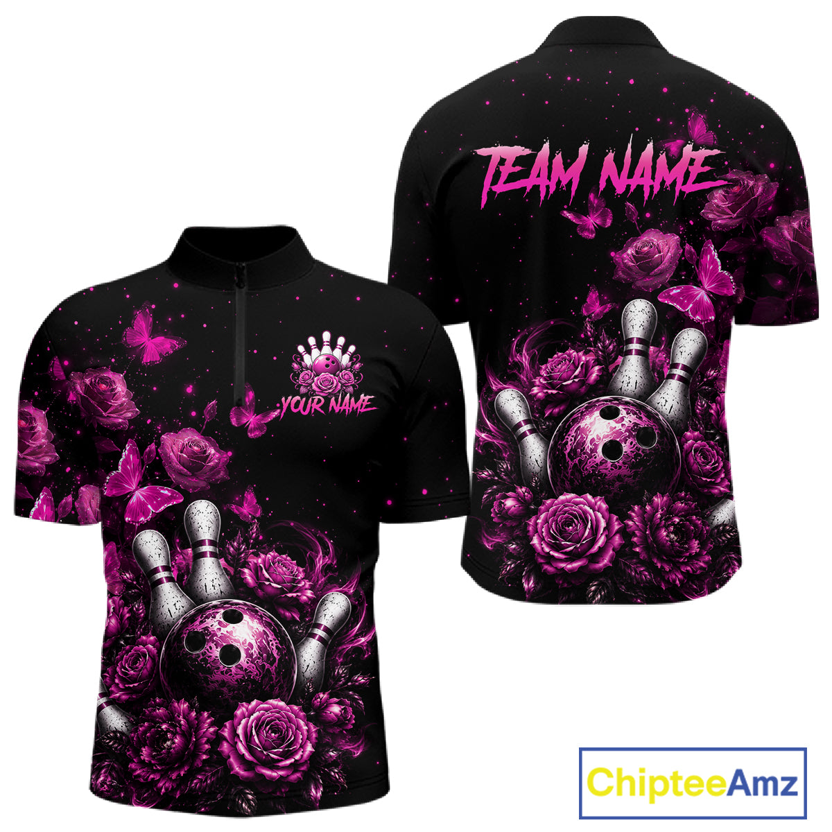 Custom pink rose butterfly bowling jersey for men, personalized team bowling quarter zip shirt front view and back view