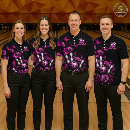 Group of bowlers in pink rose butterfly team shirts, personalized bowling uniforms front view.