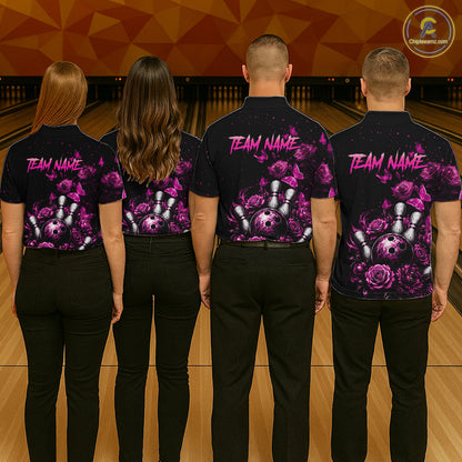 Group of bowlers in pink rose butterfly team shirts, personalized bowling uniforms back view.