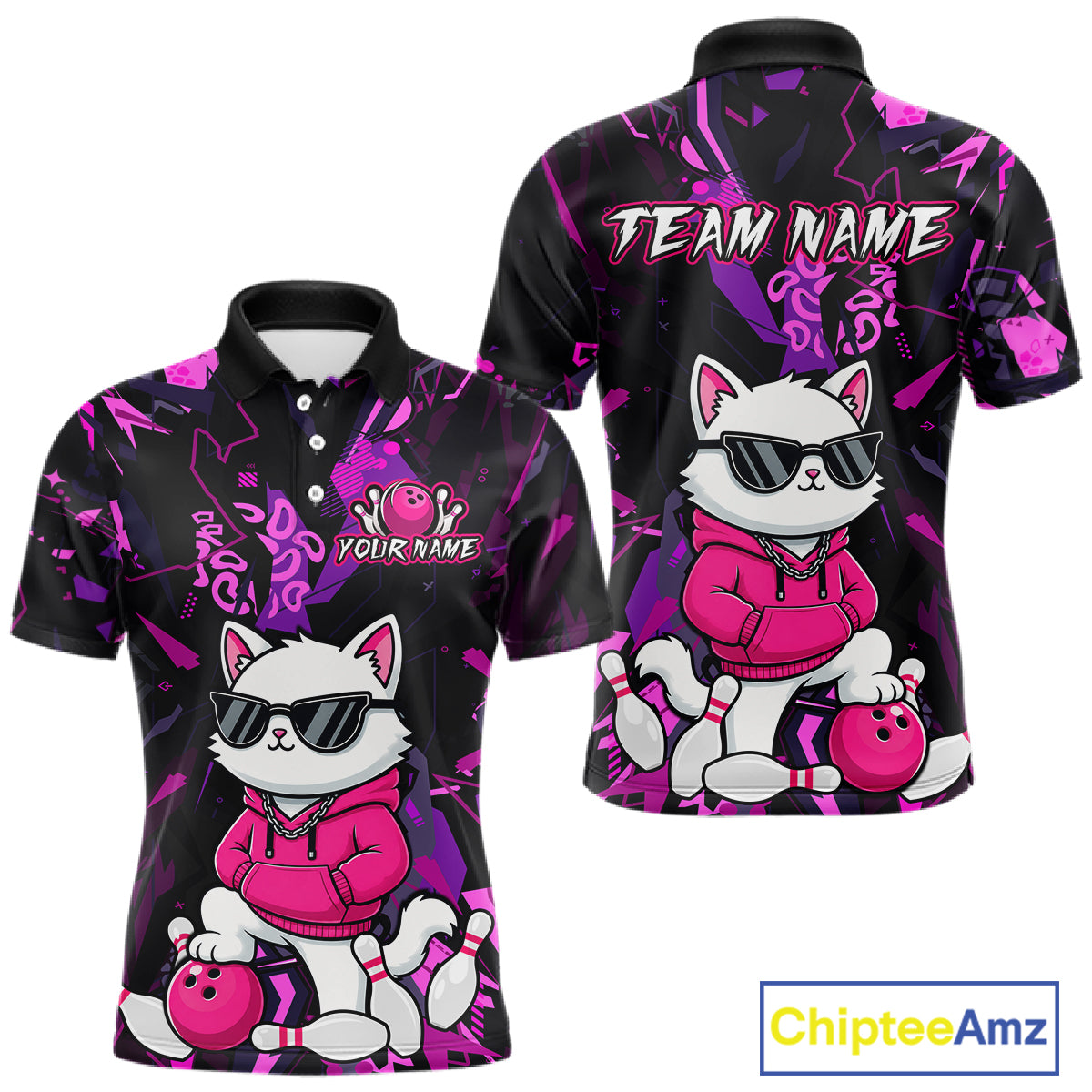 Customizable black and purple bowling-themed polo shirt shown from both front and back views. The shirt features a cartoon white cat wearing sunglasses, a pink hoodie, and holding a pink bowling ball.