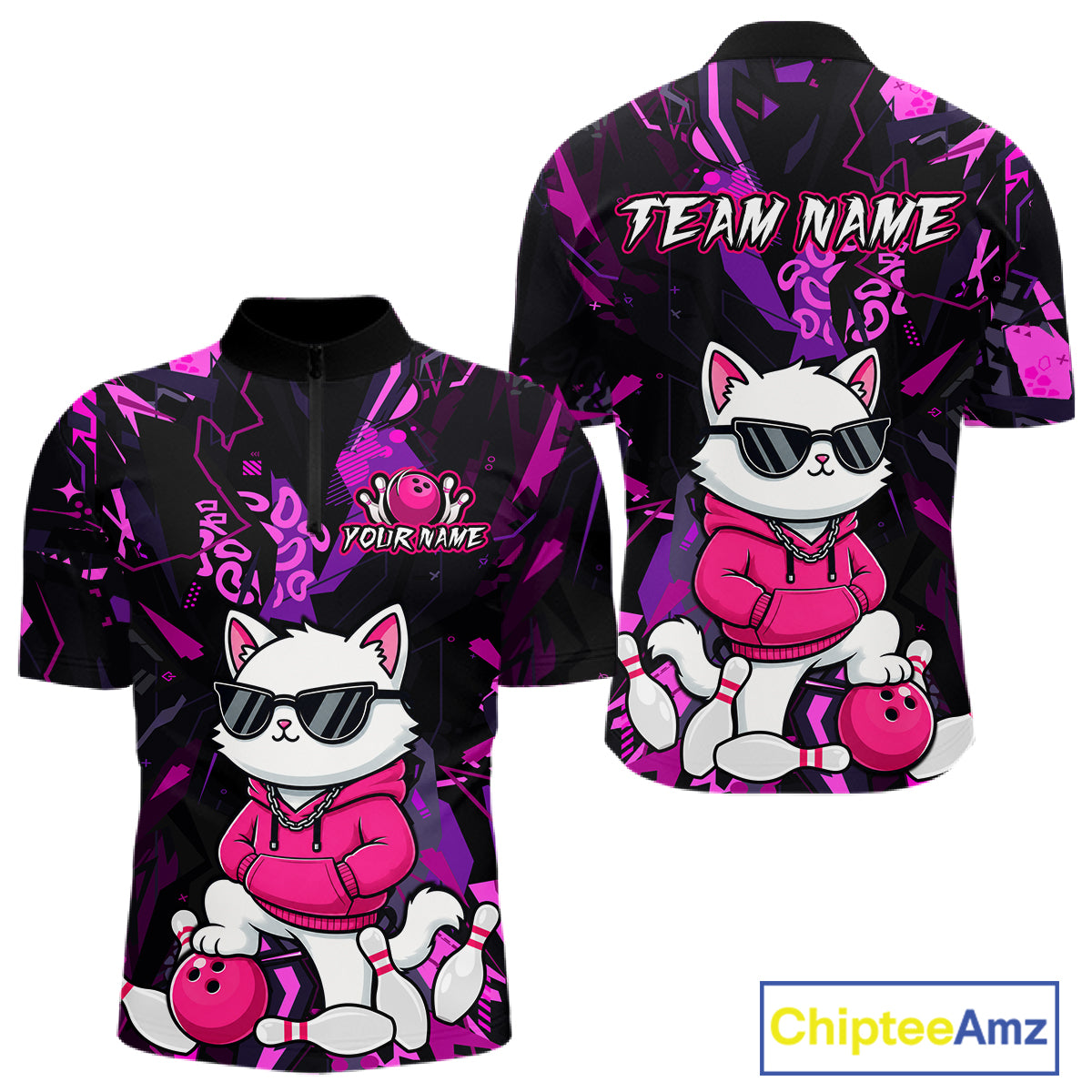 Front and back views of a short-sleeve zip-up athletic jersey with a black and vibrant purple abstract background pattern, featuring a cartoon white cat wearing sunglasses, a pink hoodie, and holding bowling balls. The front displays 'YOUR NAME' and a bowling pin graphic, while the back displays 'TEAM NAME'.