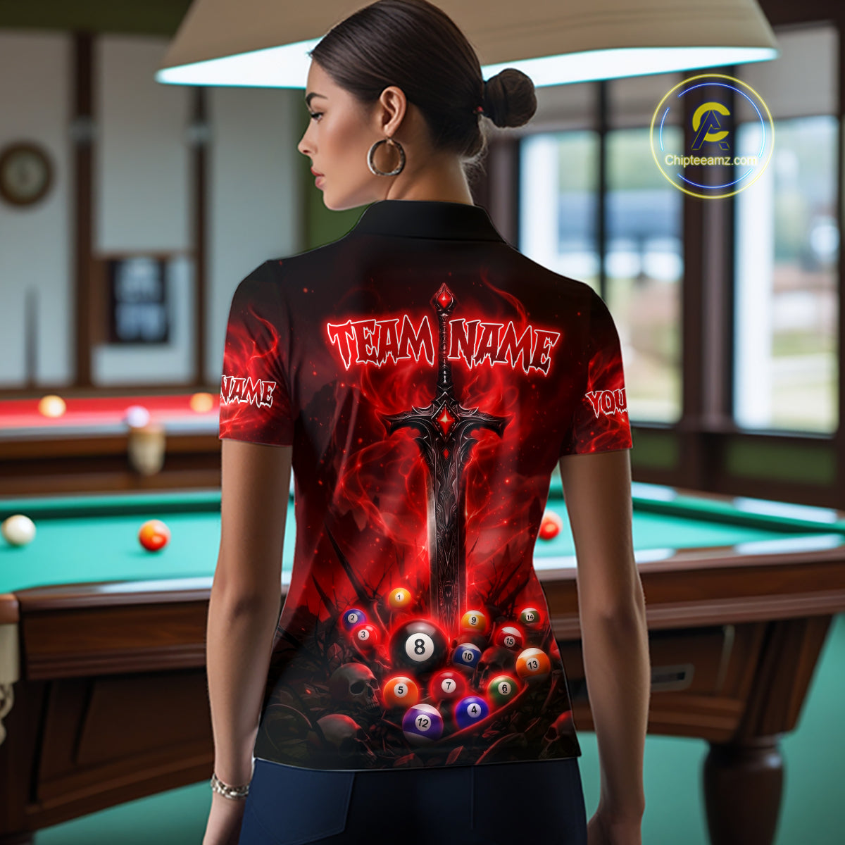 Custom Red Fire Demon Eyes 8 Ball Billiard Shirt for Women Billiard Team Jersey Billiard Outfit NNT196