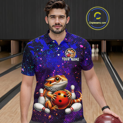 Men’s funny bearded dragon bowling polo shirt, front view on male model in bowling lane 